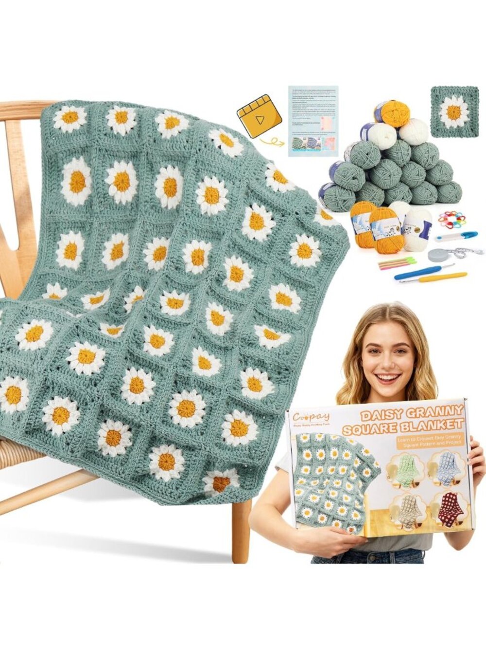 Beginner Crochet Kit - Easy Granny Square Blanket DIY Craft Set, Fun & Creative